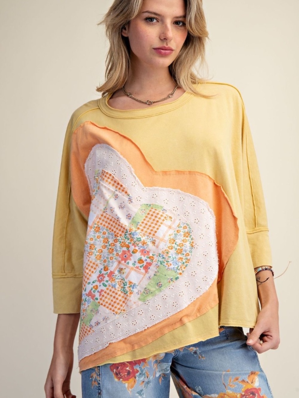 Easel Women's Heart Patch Mineral Washed Oversized Tee Top Shirt Mustard